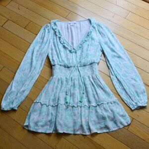 House of Harlow 1960 Paisley Metallic Mini Tiered Dress Teal Size S
